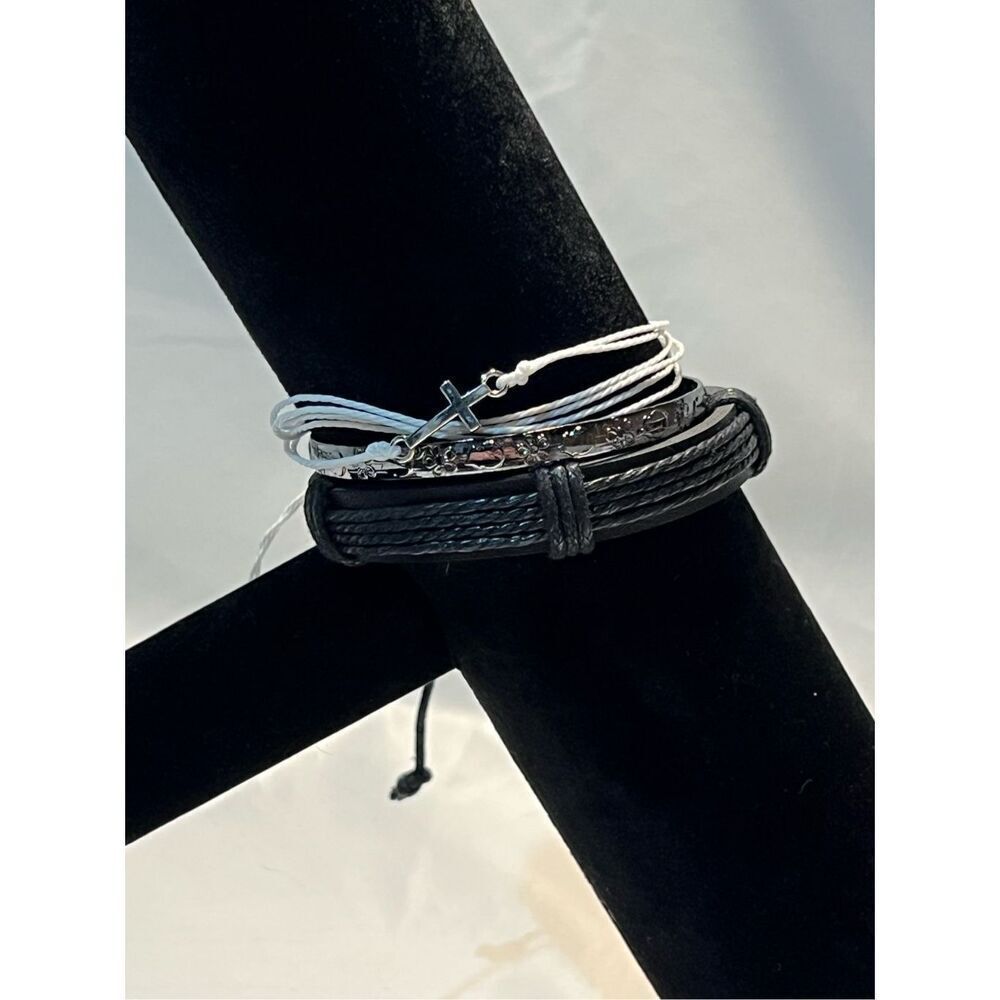 Three Stackable Bracelets One Black Leather Adjustable, One White String Adjusta